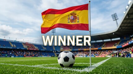 Fototapeta premium Spain's flag flying high above a soccer ball on the field at a stadium with the word WINNER displayed.