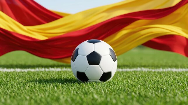 A classic soccer ball rests on green grass with a vibrant yellow and red flag billowing in the background, symbolizing a national sporting event.