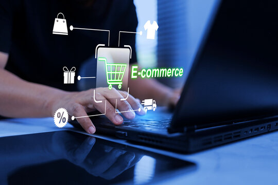 e-commerce concept with hand typing on laptop computer to searching and shopping in online platform