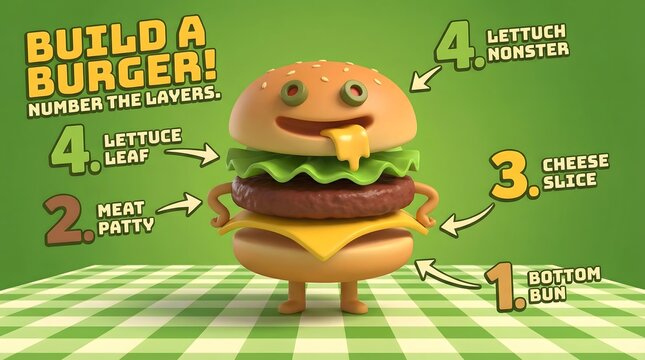 nutritious Food & Healthy Eating designed with elegant food styling Interactive Burger Building Cartoon for Kids with Layered Ingredients and Playful Design on Green Background