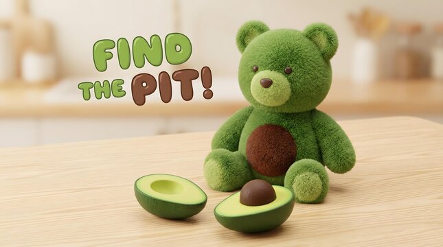 nutritious Food & Healthy Eating designed with elegant food styling Green Teddy Bear with Avocado Theme and Interactive Text on Wooden Table in Cozy Kitchen Setting