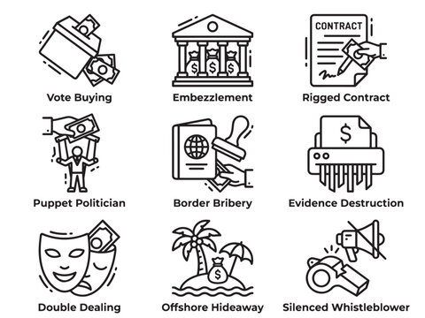 Political Corruption Icon Set with Vote Buying and Rigged Contracts&mdash;Ideal for Government Corruption and Whistleblower Design