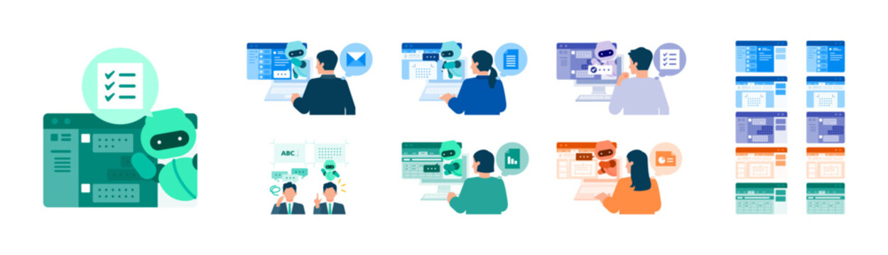 A diverse gallery showcasing how modern business professionals harness the power of integrated AI virtual helpers across various office applications to eliminate routine tasks and daily productivity