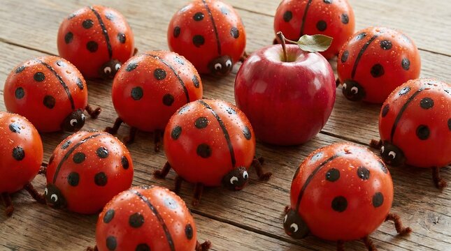 nutritious Food & Healthy Eating designed with elegant food styling Creative Healthy Snack Concept Featuring Tomato Ladybugs and Apple on Rustic Wooden Table