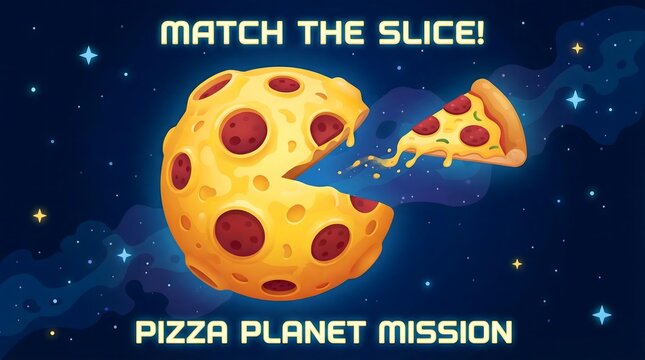 nutritious Food & Healthy Eating designed with elegant food styling Pizza Planet Adventure with Space-Themed Cheese Moon and Flying Pepperoni Slice for Retro Game Concept