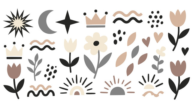 Boho abstract elements like sun moon stars crowns waves and flowers.