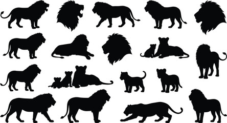 Set of black lion silhouettes in various natural poses including walking, sitting, and roaring isolated on a white background for © GR Graphics