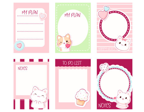 Kawaii cat planner, notepad template collection. Cute vector set of daily agendas, to-do list, checklist, notes, sticker template. Perfect for stationery design, bullet journal, printable organizer