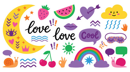 Fun collection of colorful doodle stickers with rainbow moon strawberry and cool text icons. © jubayer95