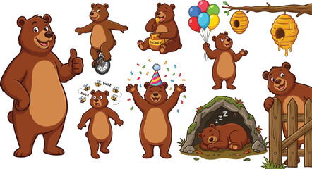 Cute brown bear cartoon character set featuring various poses including eating honey sleeping in cave riding unicycle and celebrating with birthday balloons © Rumi