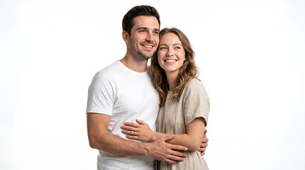 Obraz premium A happy young couple embracing and smiling while looking towards the future with affection and togetherness in a studio portrait isolated on white