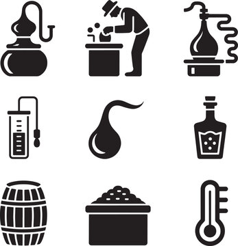 Traditional whiskey distillation and craft moonshine brewing equipment black glyph icons and copper still