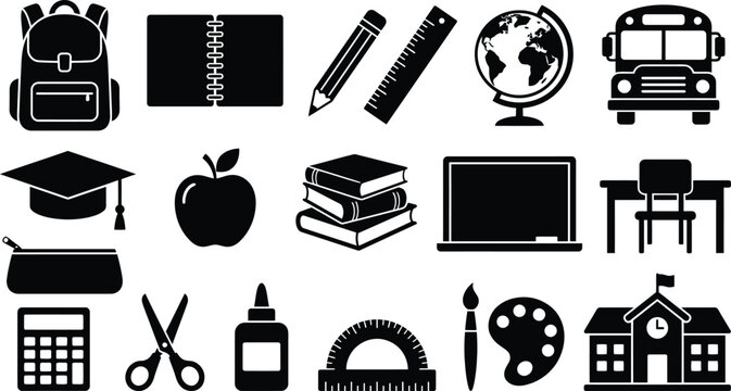 Set of black silhouette representing school supplies and classroom isolated on a white background education