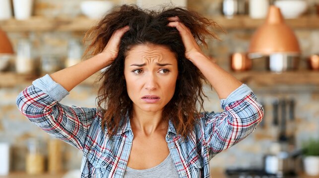 Frustrated young woman with messy curly hair having a bad hair day in kitchen at home