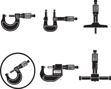 Micrometers Black Silhouette Vector Icon Set Outside Inside Depth Digital and Tube Micrometer Tools