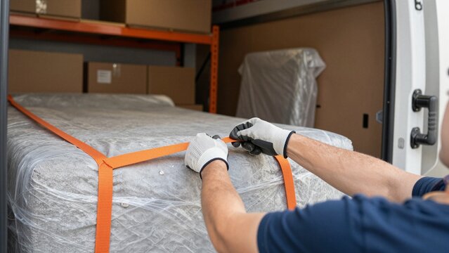 A mover carefully secures a wrapped mattress using orange straps inside a van loaded with boxes and furniture.