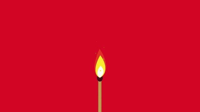 Minimalist illustration of a burning matchstick with a bright yellow flame against a solid red background