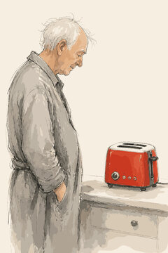 Watercolor illustration of an elderly man in a gray bathrobe patiently watching a red toaster on a kitchen counter, with generous copy space.