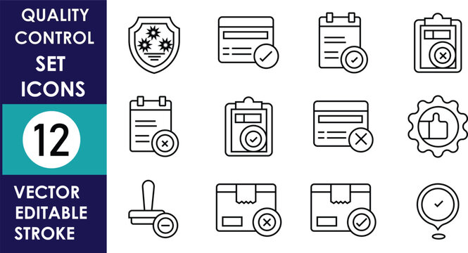 Minimal quality control line icon set featuring inspection, document verification, checklist, certification, settings, target, package validation, and editable stroke symbols.