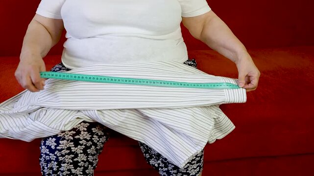 Senior Woman Measuring Fabric With Tailor Tape While Sewing at Home