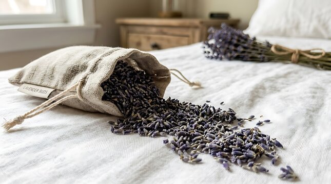Dried lavender buds spilling out of a small linen drawstring sachet onto a clean white bed sheet in a bright bedroom setting