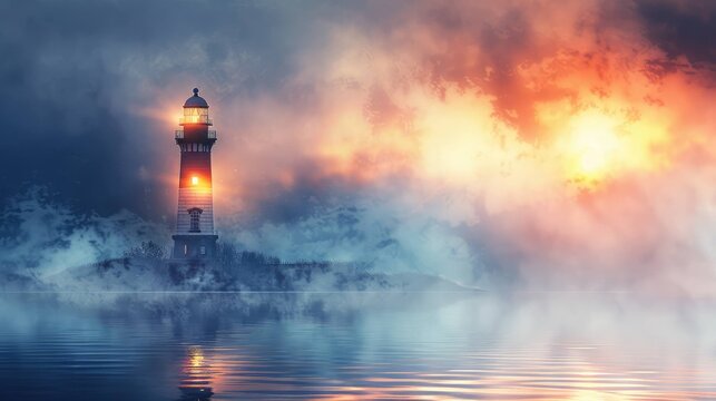 Solitary lighthouse shining through autumn fog over dramatic coastal landscape