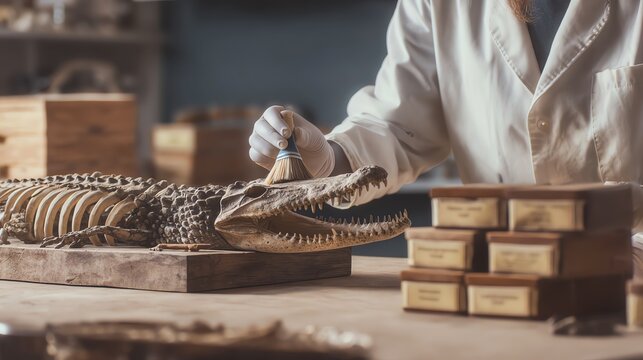 Scientist examining crocodile skeleton specimen.
