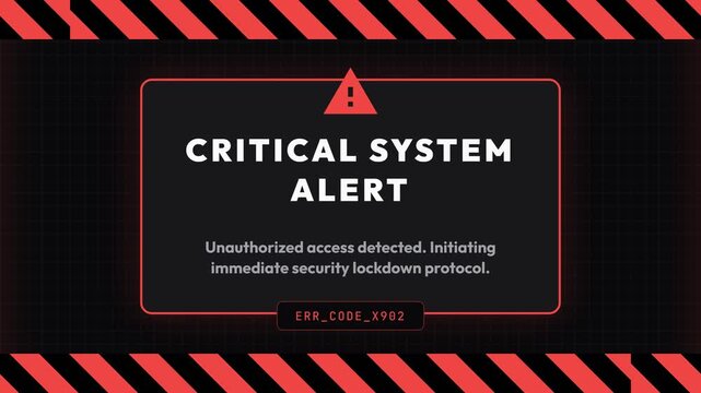 Critical system alert animation, dynamic error message with red warning signs and black background, seamless loop for technology and security themes, symbolizing cyber threat and system breach