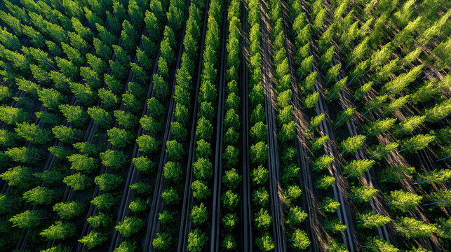 Aerial top down view of a reforestation project showing neatly organized geometric rows of green pine trees next to a dense forest 