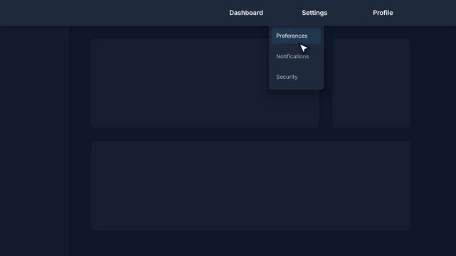 Dark tech dashboard, loading preferences with settings menu and cursor hovering over options, symbolizing technology and user interface design for business and software development, seamless loop