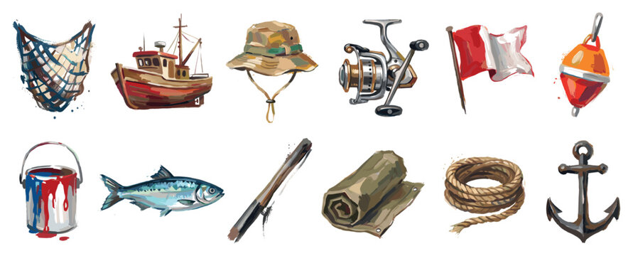 Fishing and nautical icons set. Marine adventure and sea life concept. Includes fishing net, boat, bucket hat, fishing reel, flag, buoy, paint bucket, fish, fishing rod, tarp, rope, anchor