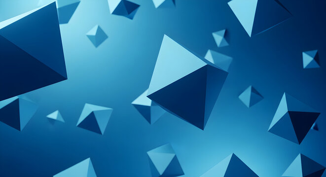 Abstract Background Featuring Floating Blue Geometric Pyramids and 3D Polyhedron Shapes in a Minimalist Digital Space