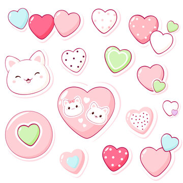Set of stickers in kawaii style. Cute tag, label with heart and cat. Collection of cozy heart-shaped sticker. Can be used for t-shirt print, sticker, greeting card. Vector illustration EPS8