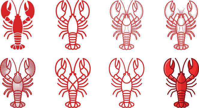 Collection of stylized red lobster illustrations and seafood icons with crustacean shellfish creature