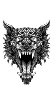Intense detailed illustration of a wolfs head with its mouth wide open isolated