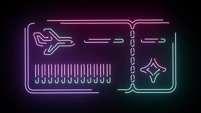 Glowing neon flight ticket icon animation with airplane symbol and barcode on dark background loopable boarding pass graphic in purple and cyan