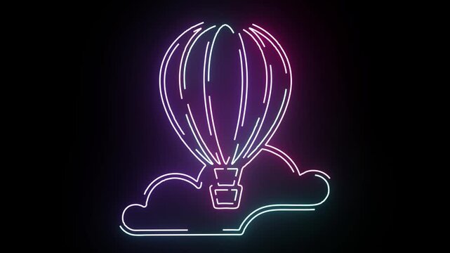 Neon hot air balloon flying over soft clouds in a dark night sky with glowing purple and blue light lines creating a vibrant digital animation style