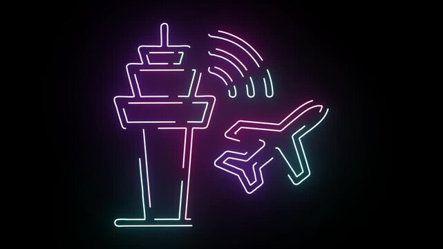Abstract Neon Glowing Airport Control Tower Icon With Airplane Animation Against Dark Background For Aviation Travel And Transportation Technology Con