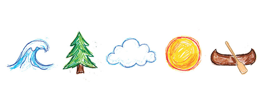 Nature and outdoor activity icons set. Summer adventure and natural elements concept. Includes ocean wave, pine tree, cloud, sun, canoe, paddle. Hand-drawn crayon style