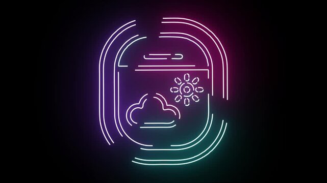 Abstract Neon Outline Of Airplane Window Icon Displaying Sunny Weather Conditions Featuring Vibrant Glowing Pink And Cyan Colors On Dark Black Backgro