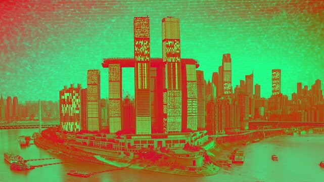 chongqing cyberpunk city with overlayed code and data on the buildings