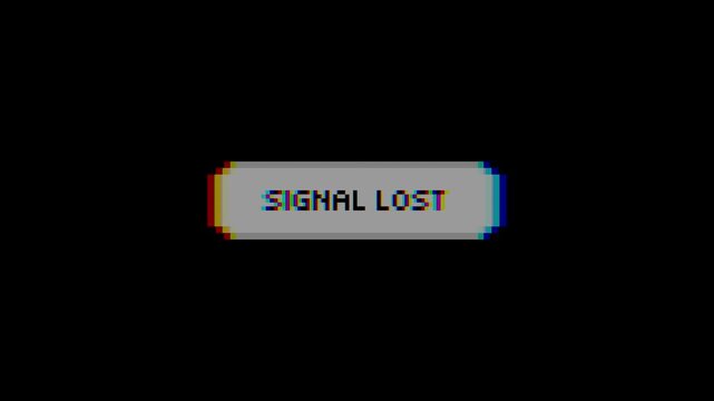 Retro Pixel Art Digital Error Message Showing Signal Lost Notification on a Black Screen with Glitch Effect and Chromatic Aberration