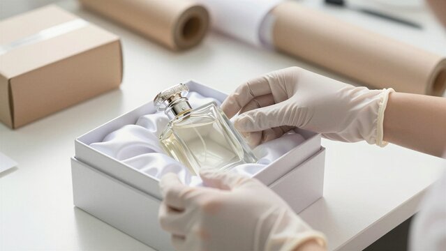 Gloved hands delicately place a crystal perfume bottle in a plush-lined gift box, showcasing high-end product presentation and care.
