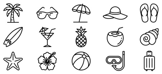 Fototapeta premium Summer vacation icons set. Tropical holiday and travel concept. Includes palm tree, sunglasses, beach umbrella, sun hat, flip flops, surfboard, cocktail, pineapple, coconut, seashell,