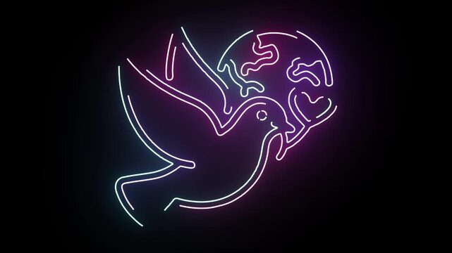 Neon Line Art Animation Featuring A Flying Dove Holding A Heart Symbol And The Earth Globe Shining In Vivid Blue And Pink Colors On A Dark Background