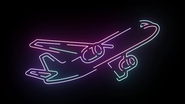 Neon Airplane Outline Graphic Glowing in Blue and Purple Hues Against a Solid Dark Background Representing Modern Air Travel and Aviation Technology