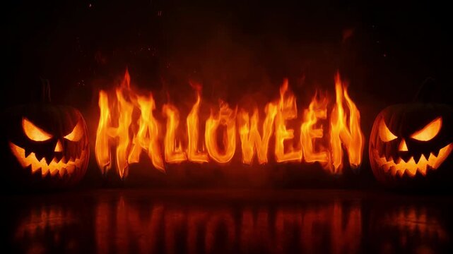Halloween background with flaming text and scary pumpkins