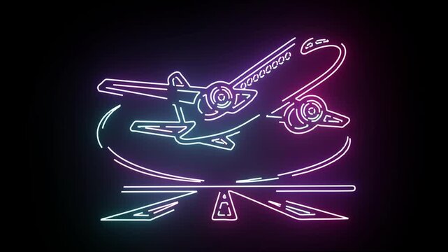 A vibrant glowing neon airplane line art animation design traveling in a circular motion against a dark black background for creative digital media