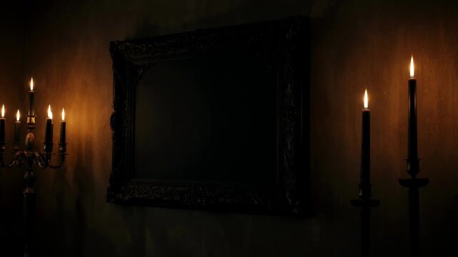 Dark gothic room with empty picture frame and candles