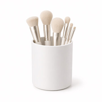beige makeup brushes in white cup